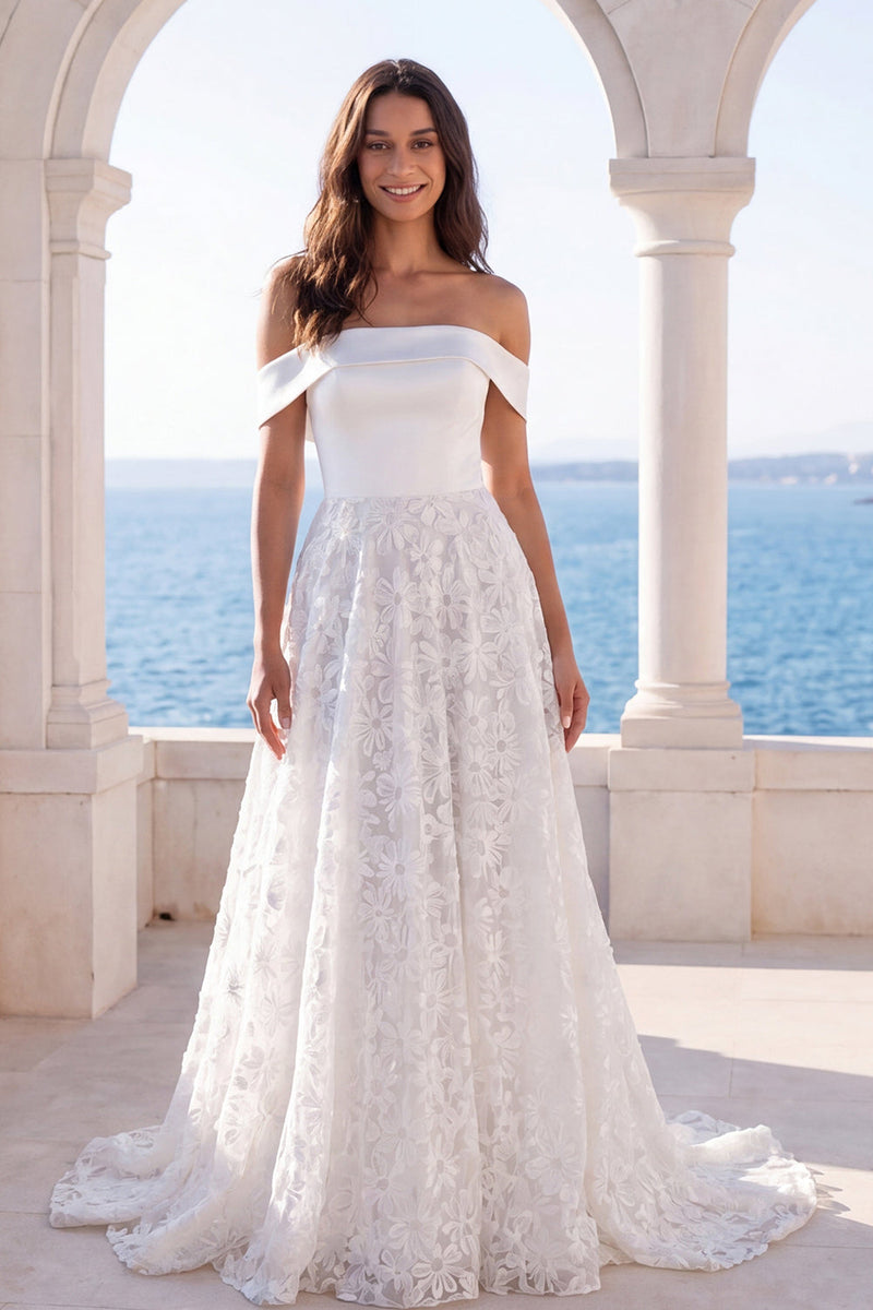 Laden Sie das Bild in den Galerie-Viewer, Off-the-shoulder Elfenbeinspitze A Line Sweep Schleppe Hochzeitskleid