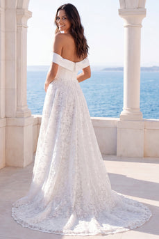 Off-the-shoulder Elfenbeinspitze A Line Sweep Schleppe Hochzeitskleid