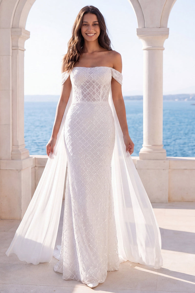 Laden Sie das Bild in den Galerie-Viewer, Schulterloses Meerjungfrauen-Elfenbein-Hochzeitskleid mit Schärpe