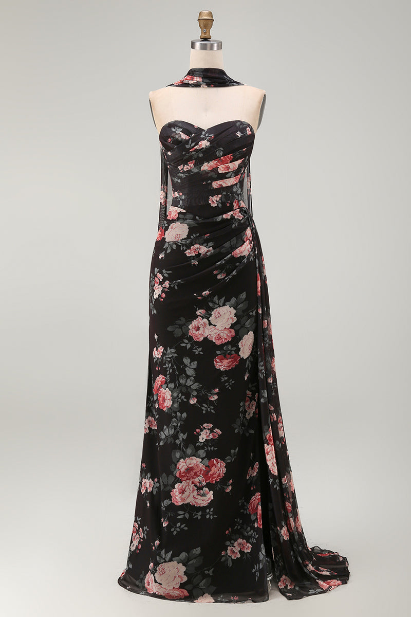 Laden Sie das Bild in den Galerie-Viewer, Schwarze Meerjungfrau Sweetheart Gefaltetes Chiffon Langes Festkleid mit Schlitz