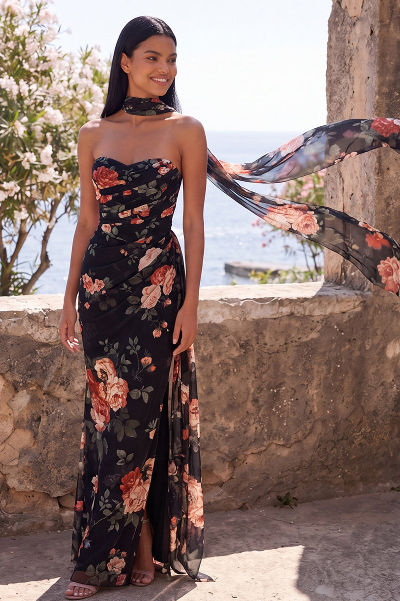 Laden Sie das Bild in den Galerie-Viewer, Schwarze Meerjungfrau, Sweetheart, gefaltetes Chiffon, langes Festkleid mit Schlitz