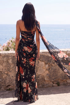 Schwarze Meerjungfrau, Sweetheart, gefaltetes Chiffon, langes Festkleid mit Schlitz