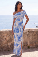 Laden Sie das Bild in den Galerie-Viewer, Blaue Meerjungfrauen-Off-the-shoulder Maxikleid mit Schlitz