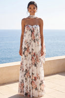 Laden Sie das Bild in den Galerie-Viewer, A-Line Sweetheart Ivory Chiffon Plissiertes Maxi-Floralkleid mit Halsschal