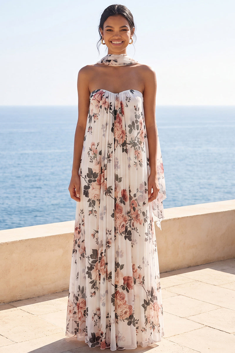 Laden Sie das Bild in den Galerie-Viewer, A-Line Sweetheart Ivory Chiffon Plissiertes Maxi-Floralkleid mit Halsschal