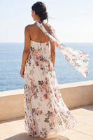 Laden Sie das Bild in den Galerie-Viewer, A-Line Sweetheart Ivory Chiffon Plissiertes Maxi-Floralkleid mit Halsschal