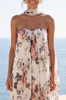 Laden Sie das Bild in den Galerie-Viewer, A-Line Sweetheart Ivory Chiffon Plissiertes Maxi-Floralkleid mit Halsschal