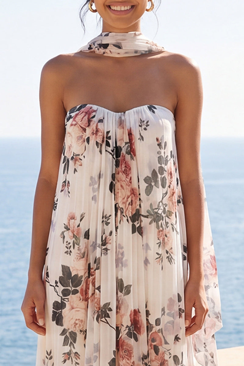 Laden Sie das Bild in den Galerie-Viewer, A-Line Sweetheart Ivory Chiffon Plissiertes Maxi-Floralkleid mit Halsschal