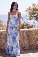Laden Sie das Bild in den Galerie-Viewer, Blue Flower A-Line trägerloses Chiffon Maxi-Kleid mit Halsschal