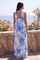 Laden Sie das Bild in den Galerie-Viewer, Blue Flower A-Line trägerloses Chiffon Maxi-Kleid mit Halsschal
