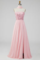 Laden Sie das Bild in den Galerie-Viewer, A-Linie trägerloses rosa Chiffon Maxi-Floralkleid mit Schlitz
