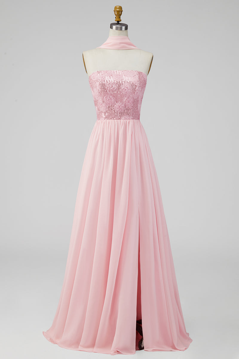 Laden Sie das Bild in den Galerie-Viewer, A-Linie trägerloses rosa Chiffon Maxi-Floralkleid mit Schlitz