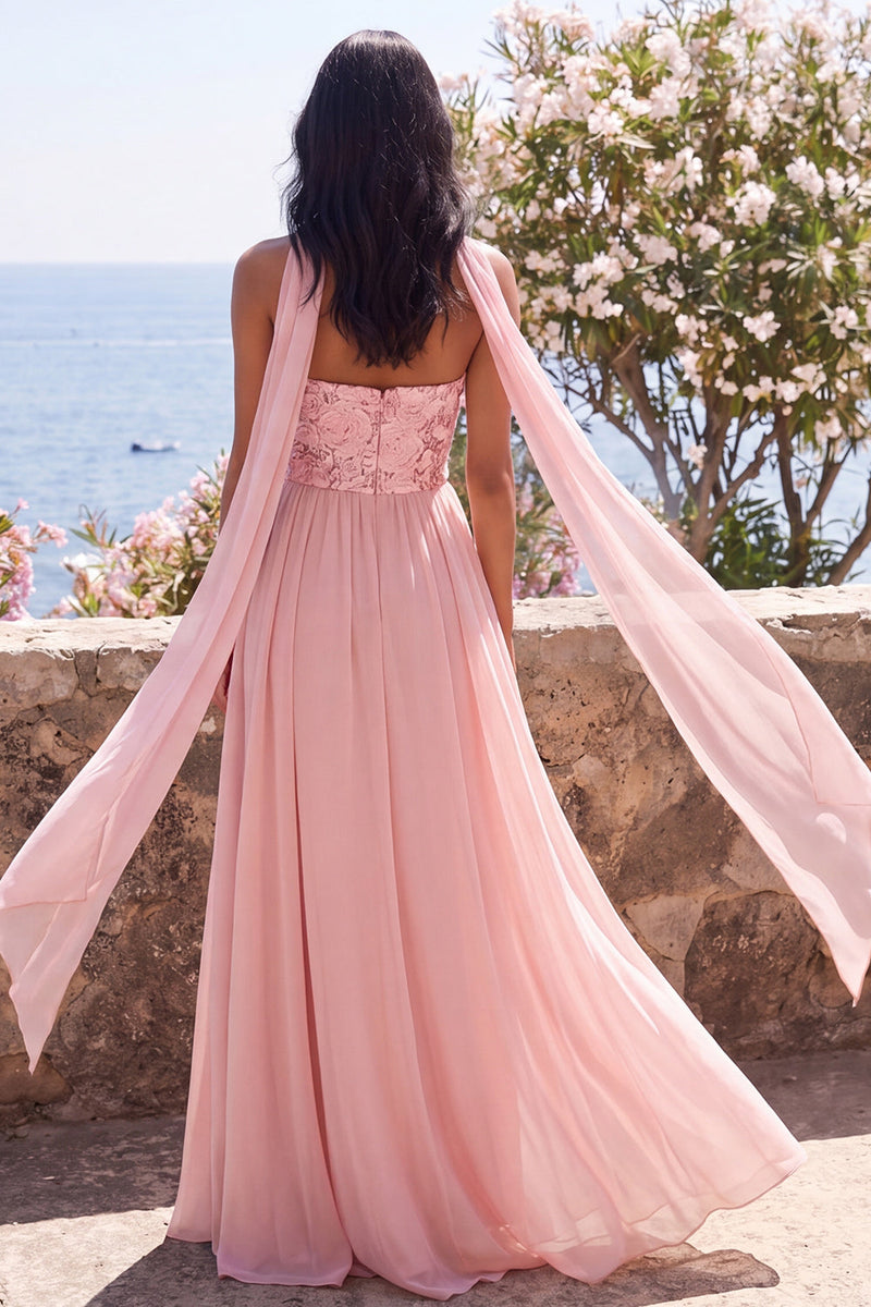 Laden Sie das Bild in den Galerie-Viewer, A-Linie trägerloses rosa Chiffon Maxi-Floralkleid mit Schlitz
