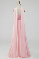 Laden Sie das Bild in den Galerie-Viewer, A-Linie trägerloses rosa Chiffon Maxi-Floralkleid mit Schlitz
