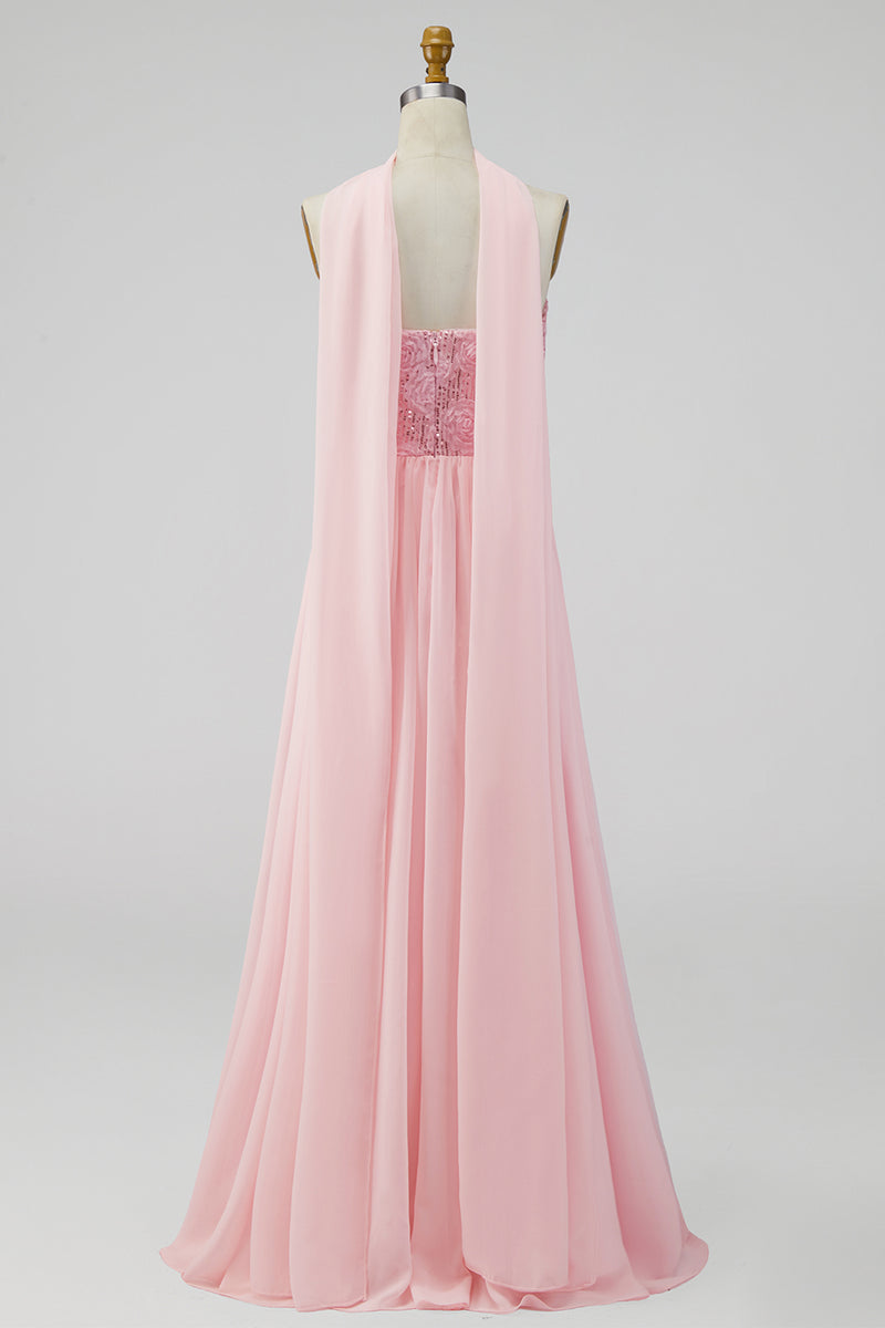 Laden Sie das Bild in den Galerie-Viewer, A-Linie trägerloses rosa Chiffon Maxi-Floralkleid mit Schlitz