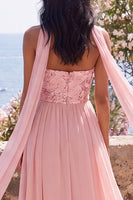 Laden Sie das Bild in den Galerie-Viewer, A-Linie trägerloses rosa Chiffon Maxi-Floralkleid mit Schlitz