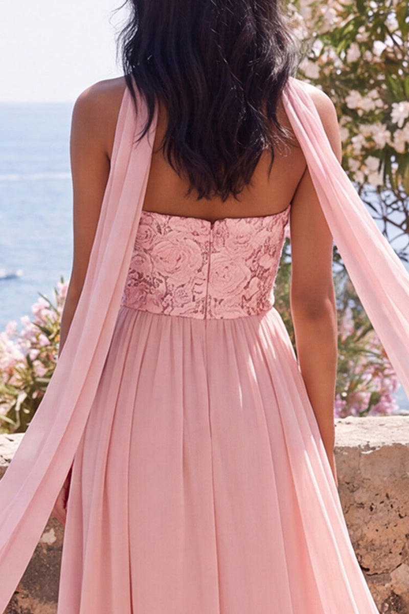 Laden Sie das Bild in den Galerie-Viewer, A-Linie trägerloses rosa Chiffon Maxi-Floralkleid mit Schlitz