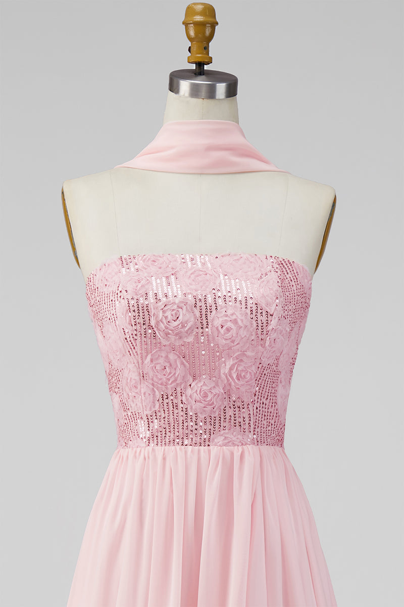 Laden Sie das Bild in den Galerie-Viewer, A-Linie trägerloses rosa Chiffon Maxi-Floralkleid mit Schlitz