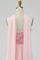 Laden Sie das Bild in den Galerie-Viewer, A-Linie trägerloses rosa Chiffon Maxi-Floralkleid mit Schlitz