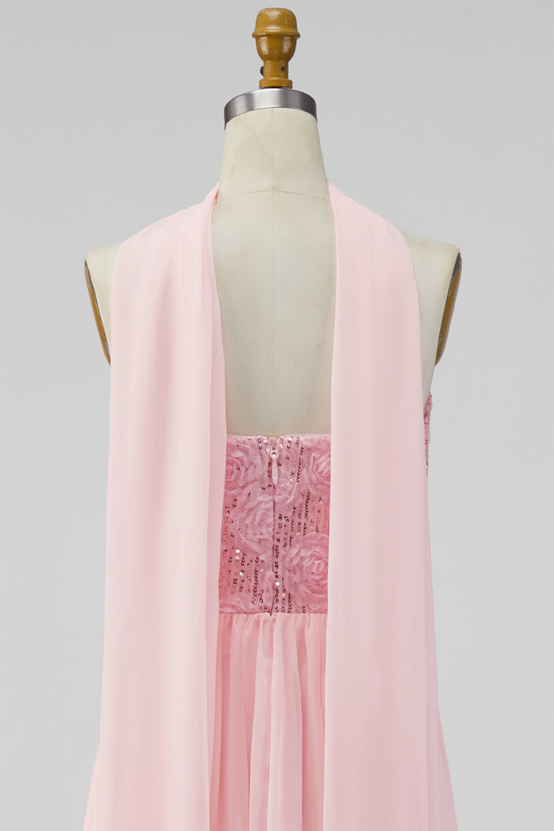 Laden Sie das Bild in den Galerie-Viewer, A-Linie trägerloses rosa Chiffon Maxi-Floralkleid mit Schlitz
