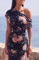Laden Sie das Bild in den Galerie-Viewer, Ein Schulter schwarzes Meerjungfrauen-Falt mit Falten und langem Festkleid
