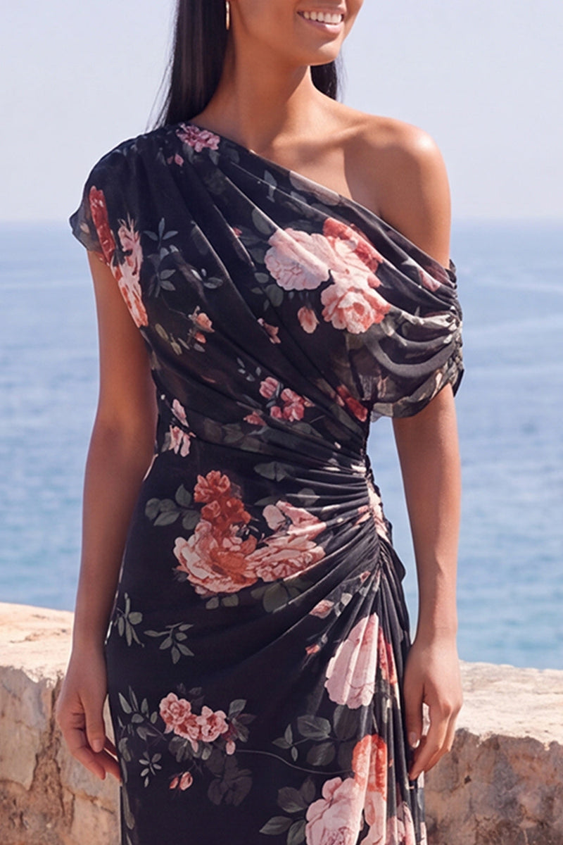 Laden Sie das Bild in den Galerie-Viewer, Ein Schulter schwarzes Meerjungfrauen-Falt mit Falten und langem Festkleid