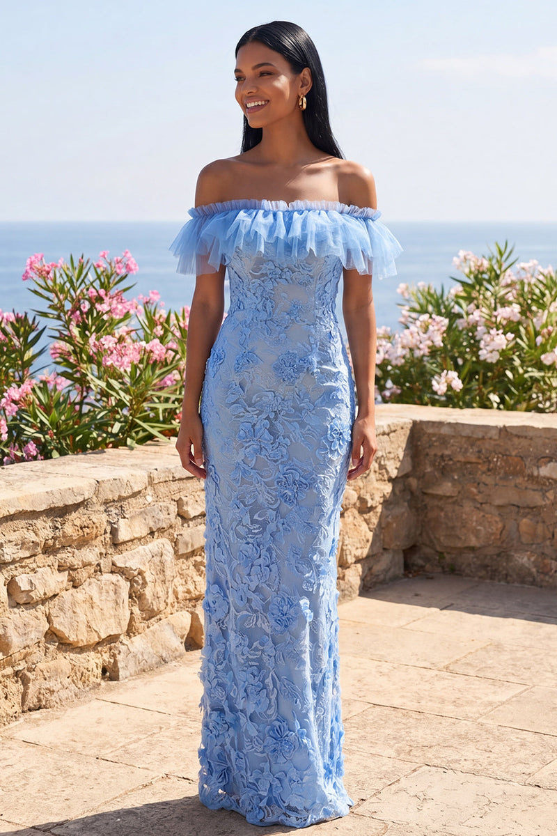 Laden Sie das Bild in den Galerie-Viewer, Meerjungfrauenblaues, schulterloses Maxi-Blumenkleid mit Applikationen