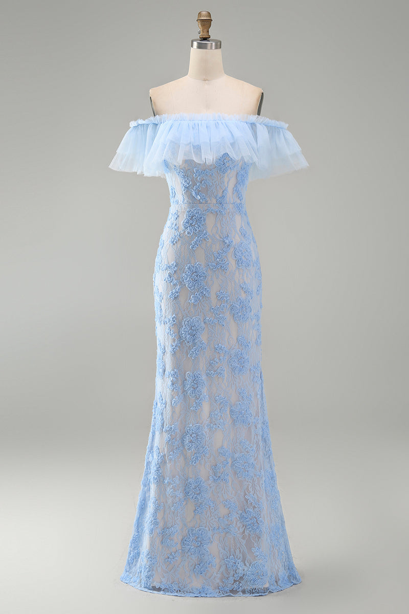 Laden Sie das Bild in den Galerie-Viewer, Blaues Meerjungfrauen Schulterloses Maxi-Blumenkleid mit Applikationen