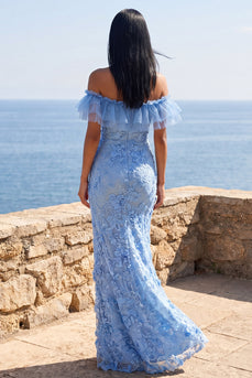 Meerjungfrauenblaues, schulterloses Maxi-Blumenkleid mit Applikationen
