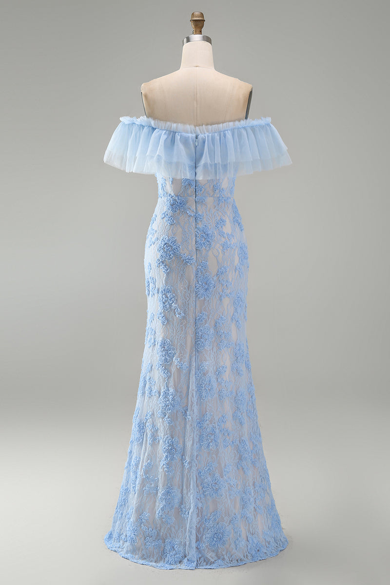 Laden Sie das Bild in den Galerie-Viewer, Blaues Meerjungfrauen Schulterloses Maxi-Blumenkleid mit Applikationen