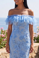 Laden Sie das Bild in den Galerie-Viewer, Meerjungfrauenblaues, schulterloses Maxi-Blumenkleid mit Applikationen