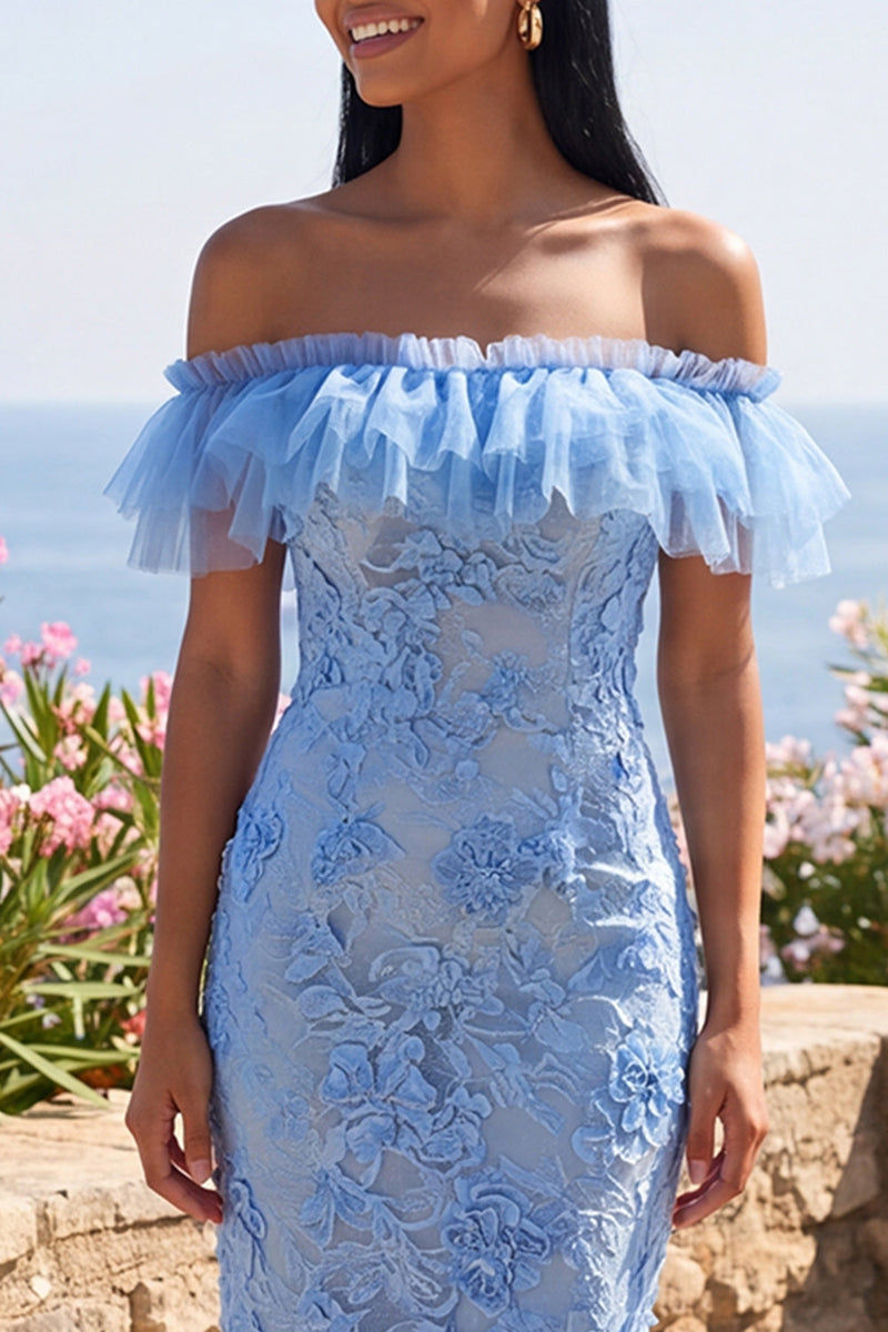 Laden Sie das Bild in den Galerie-Viewer, Meerjungfrauenblaues, schulterloses Maxi-Blumenkleid mit Applikationen
