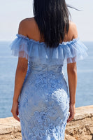 Laden Sie das Bild in den Galerie-Viewer, Meerjungfrauenblaues, schulterloses Maxi-Blumenkleid mit Applikationen