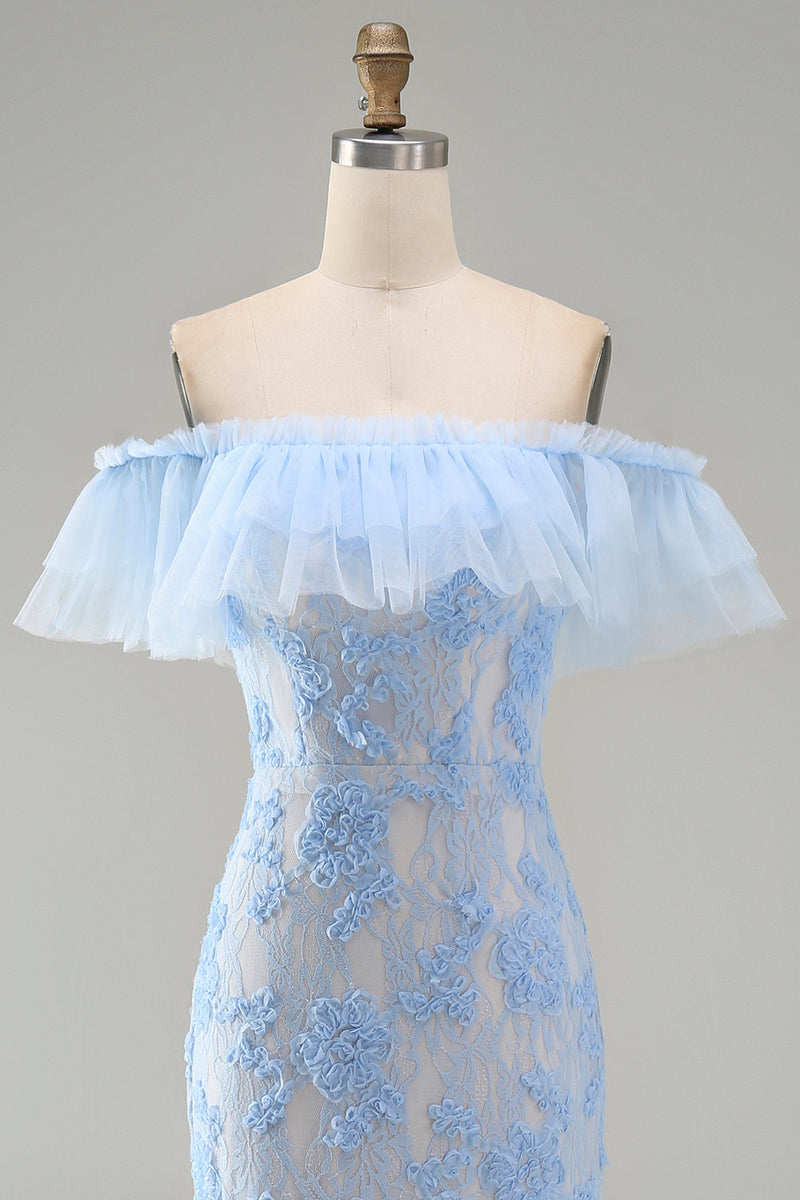 Laden Sie das Bild in den Galerie-Viewer, Blaues Meerjungfrauen Schulterloses Maxi-Blumenkleid mit Applikationen