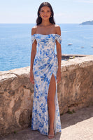 Laden Sie das Bild in den Galerie-Viewer, Meerjungfrauen-Blaublumen-Chiffon Schulterloses, gerafftes Maxikleid mit Schlitz