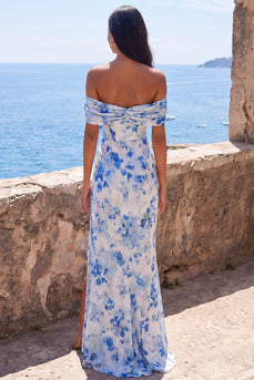 Meerjungfrauen-Blaublumen-Chiffon Schulterloses, gerafftes Maxikleid mit Schlitz