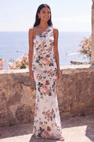 Laden Sie das Bild in den Galerie-Viewer, Meerjungfrauen-Elfenbein-Einschulter-Chiffon gerafftes Blumen-Maxikleid