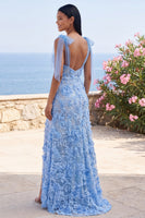 Laden Sie das Bild in den Galerie-Viewer, Meerjungfrauenblaues applikiertes Blumen-Maxikleid mit Schleife
