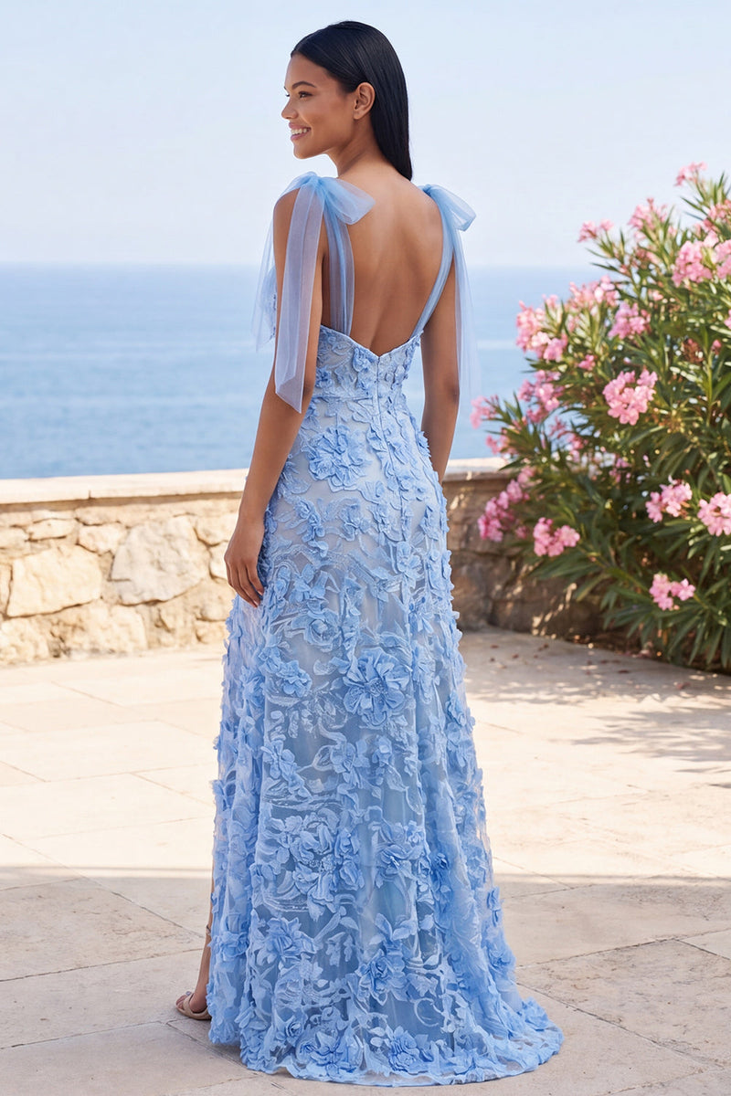 Laden Sie das Bild in den Galerie-Viewer, Meerjungfrauenblaues applikiertes Blumen-Maxikleid mit Schleife
