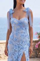 Laden Sie das Bild in den Galerie-Viewer, Meerjungfrauenblaues applikiertes Blumen-Maxikleid mit Schleife