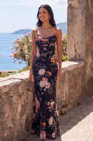 Laden Sie das Bild in den Galerie-Viewer, Schwarzes Meerjungfrauen-Floral, gerafftes Spaghetti-Träger und Chiffon Langes, Festkleid