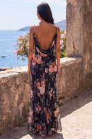 Laden Sie das Bild in den Galerie-Viewer, Schwarzes Meerjungfrauen-Floral, gerafftes Spaghetti-Träger und Chiffon Langes, Festkleid
