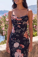 Laden Sie das Bild in den Galerie-Viewer, Schwarzes Meerjungfrauen-Floral, gerafftes Spaghetti-Träger und Chiffon Langes, Festkleid