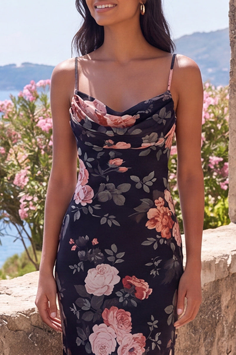 Laden Sie das Bild in den Galerie-Viewer, Schwarzes Meerjungfrauen-Floral, gerafftes Spaghetti-Träger und Chiffon Langes, Festkleid