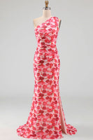 Laden Sie das Bild in den Galerie-Viewer, Pinkes Meerjungfrauen-Chiffon-Blumen-Maxikleid mit einer Schulter