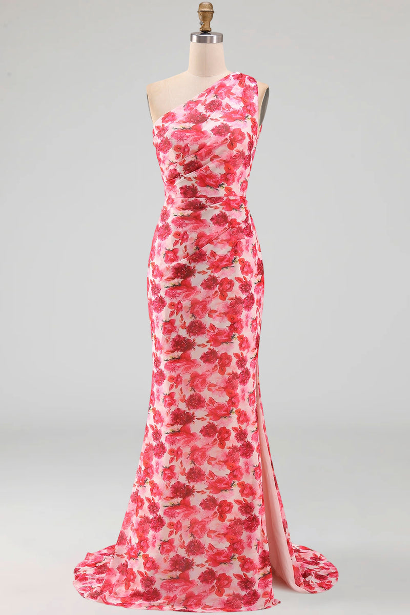 Laden Sie das Bild in den Galerie-Viewer, Pinkes Meerjungfrauen-Chiffon-Blumen-Maxikleid mit einer Schulter