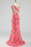 Laden Sie das Bild in den Galerie-Viewer, Pinkes Meerjungfrauen-Chiffon-Blumen-Maxikleid mit einer Schulter