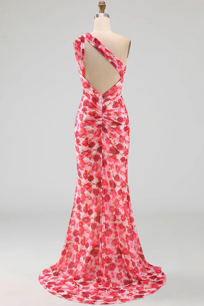 Laden Sie das Bild in den Galerie-Viewer, Pinkes Meerjungfrauen-Chiffon-Blumen-Maxikleid mit einer Schulter