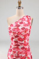 Laden Sie das Bild in den Galerie-Viewer, Pinkes Meerjungfrauen-Chiffon-Blumen-Maxikleid mit einer Schulter