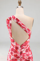 Laden Sie das Bild in den Galerie-Viewer, Pinkes Meerjungfrauen-Chiffon-Blumen-Maxikleid mit einer Schulter